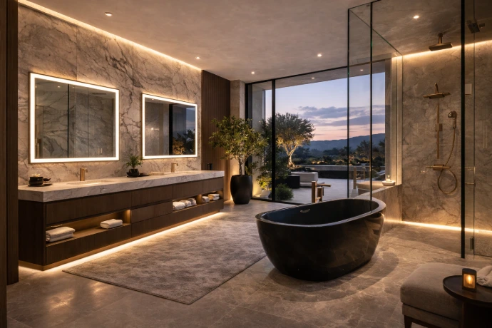 Diseño interior de baño de lujo con acabados refinados por Darchex