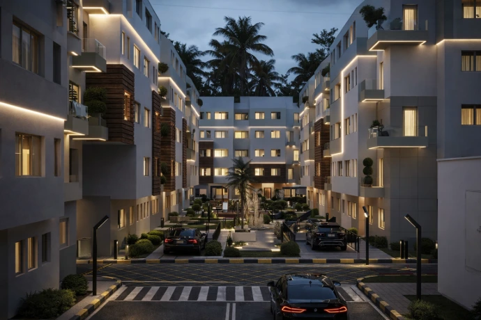 Fachada principal del complejo residencial contemporáneo por Darchex