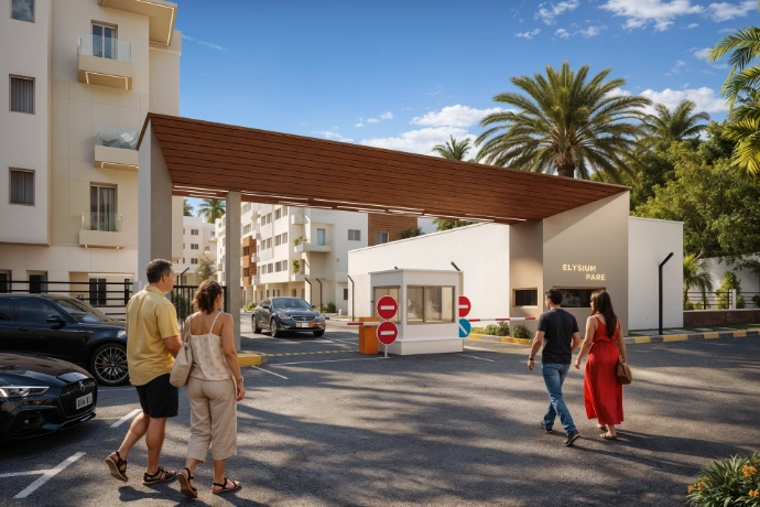 Vista nocturna del complejo residencial de lujo por Darchex