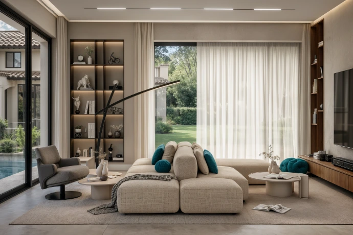 Salon Moderne avec Vue sur Piscine / Salón Moderno con Vista a la Piscina