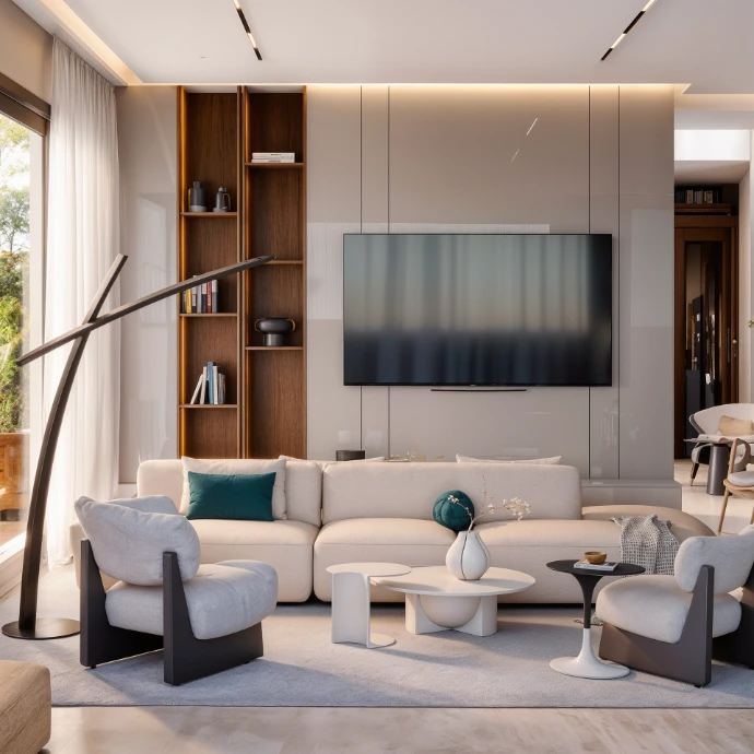 Salon de Luxe avec Mur TV Architectural / Salón de Lujo con Muro TV Arquitectónico