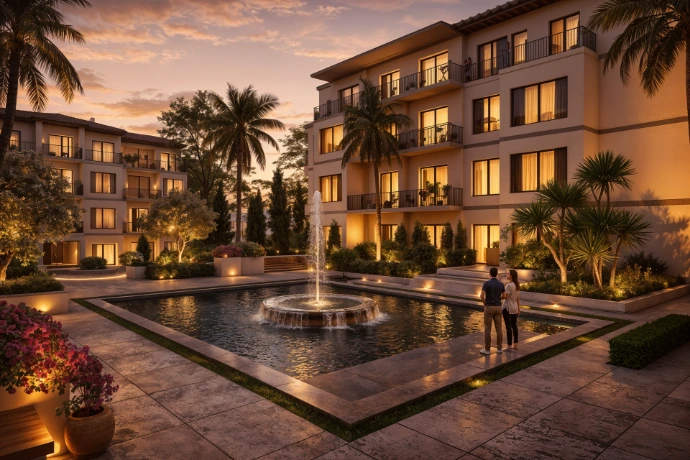 Vue Extérieure au Coucher du Soleil / Vista Exterior al Atardecer