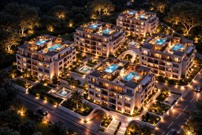 Vue Aérienne Nocturne avec Piscine Rooftop / Vista Aérea Nocturna con Piscina en Rooftop