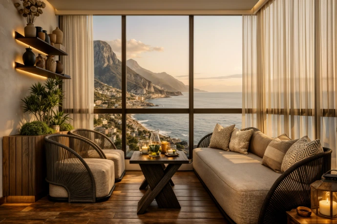 Salon avec Vue Panoramique sur Mer / Salón con Vista Panorámica al Mar